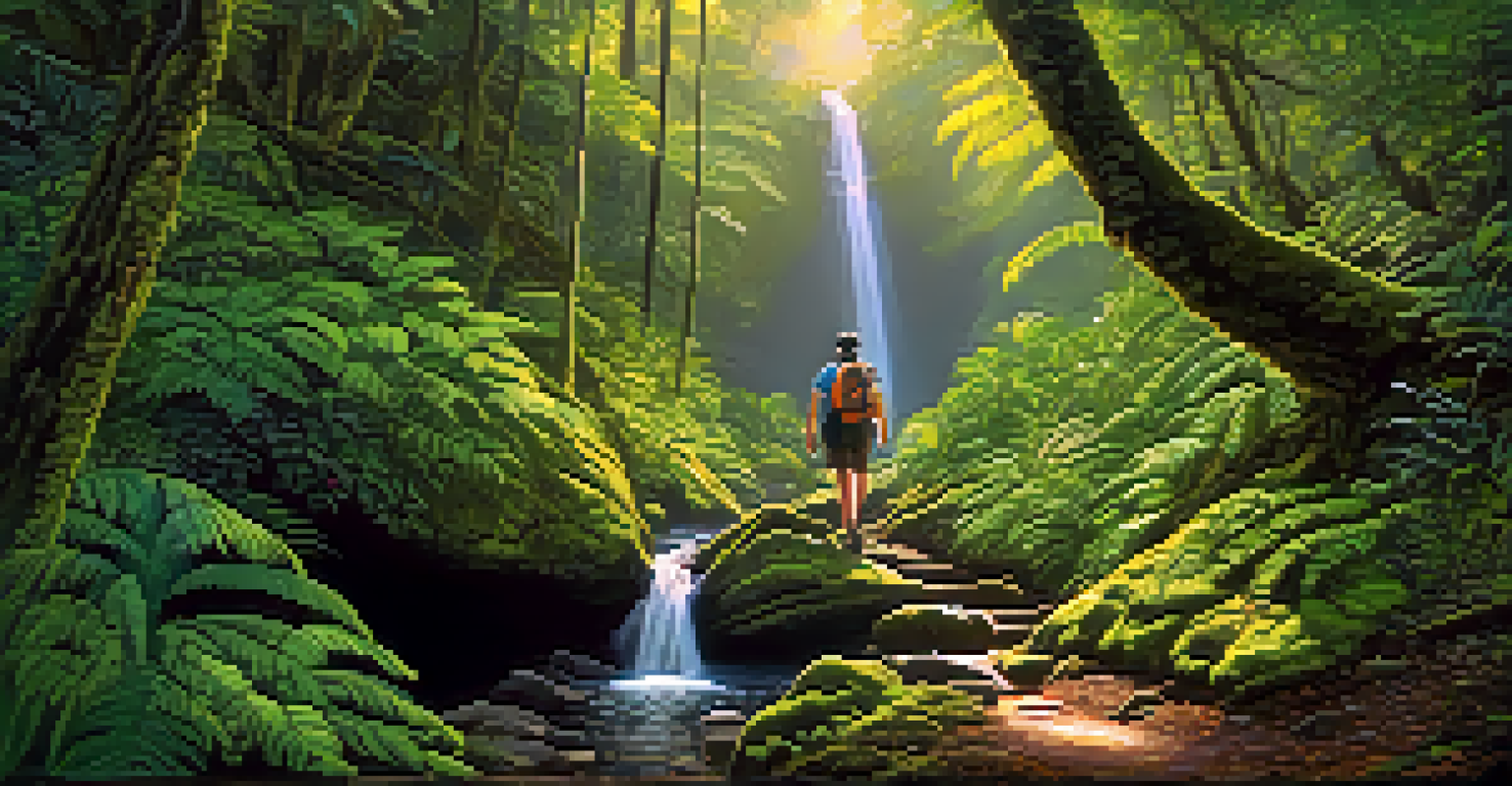 A hiker on a rainforest trail near a waterfall, with sunlight filtering through the trees and vibrant greenery all around.