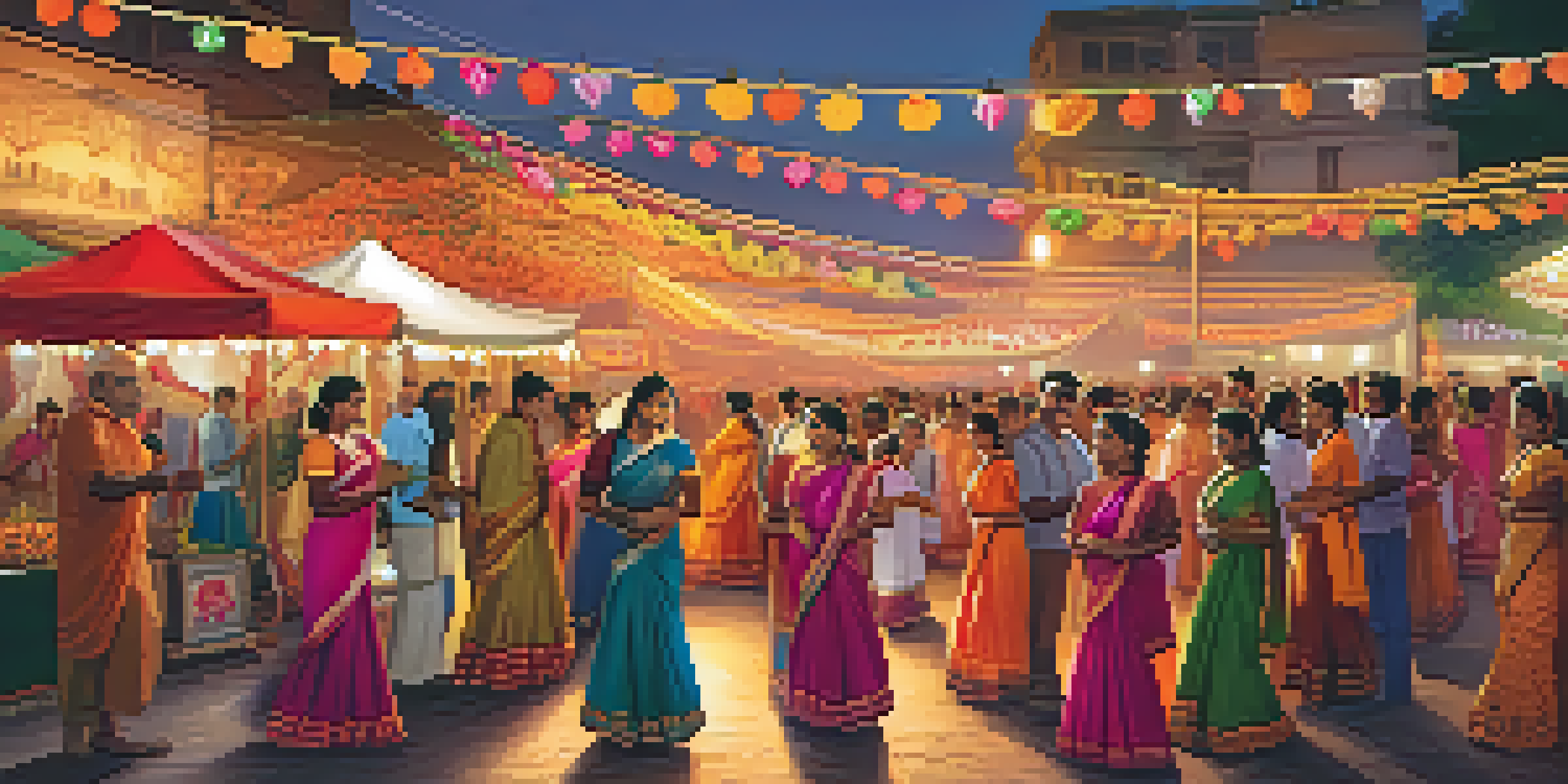 A lively street scene of an Indian festival with families dancing and colorful decorations.