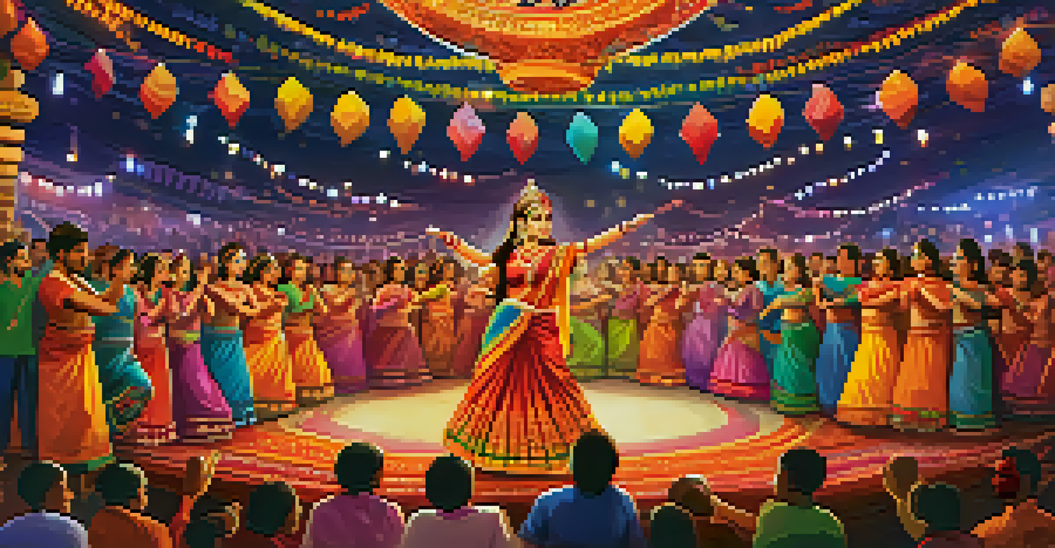 Families participating in Navratri, dancing Garba in traditional attire amidst colorful decorations.