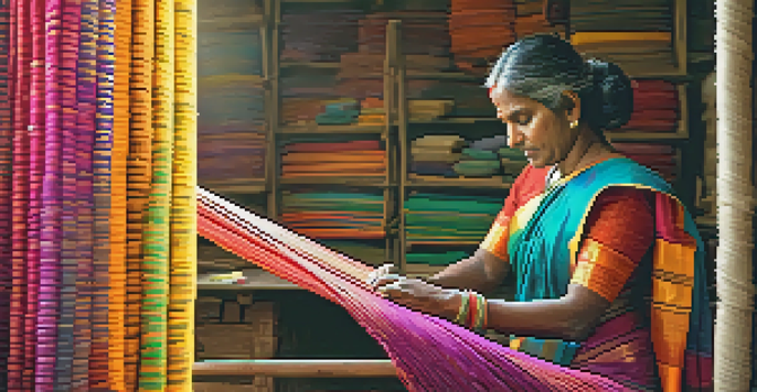 An artisan weaving a colorful silk saree in a workshop, surrounded by spools of thread.