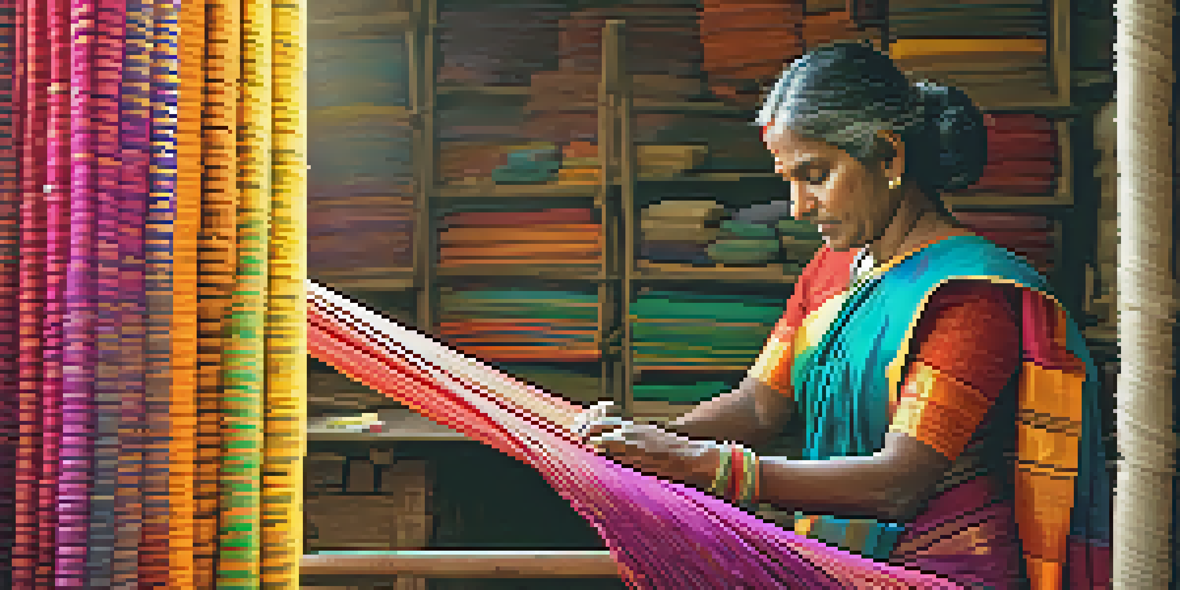 An artisan weaving a colorful silk saree in a workshop, surrounded by spools of thread.