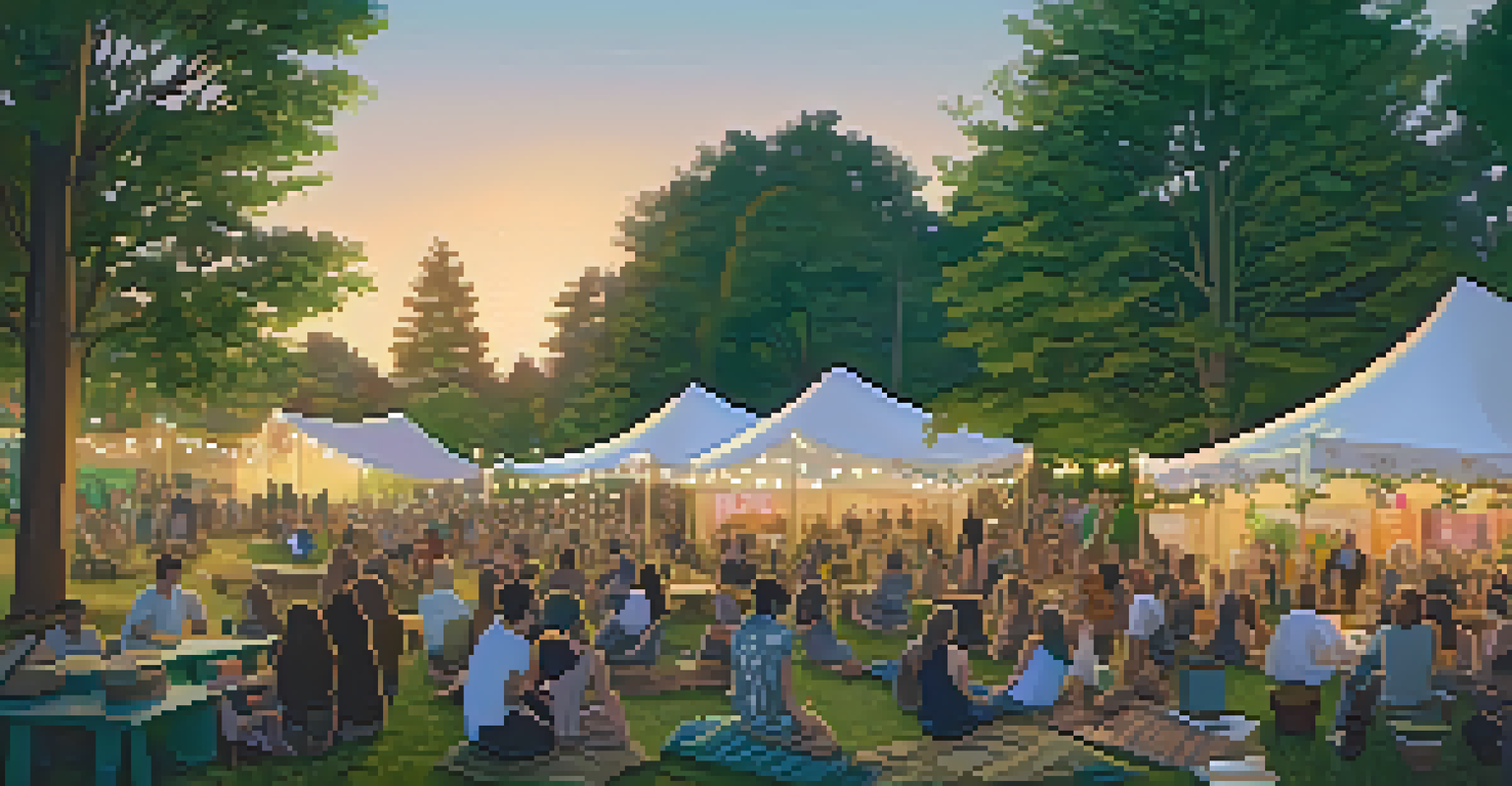 An intimate outdoor indie music festival scene with attendees on blankets and an acoustic performance in a lush park at golden hour.