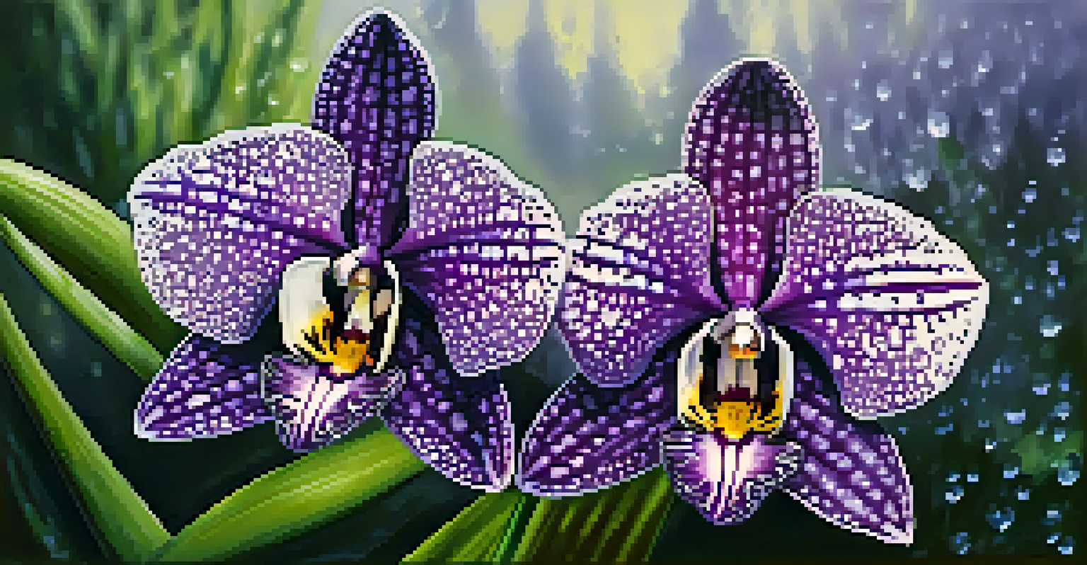 A close-up of a purple and white Vanda tessellata orchid with dew drops, surrounded by lush green vegetation.