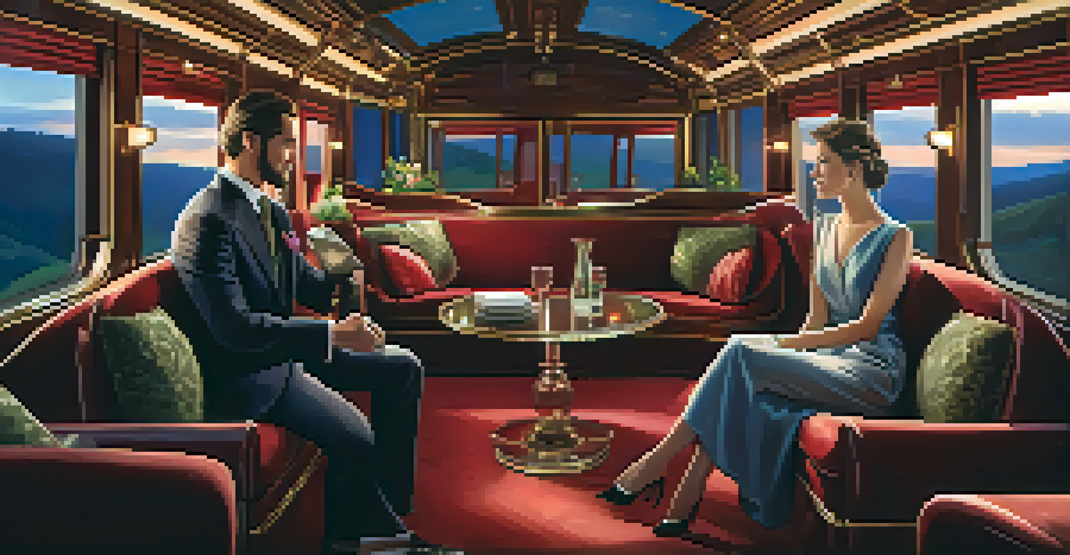 A couple in elegant attire relaxing in a luxurious train lounge, with lush landscapes visible through the windows.
