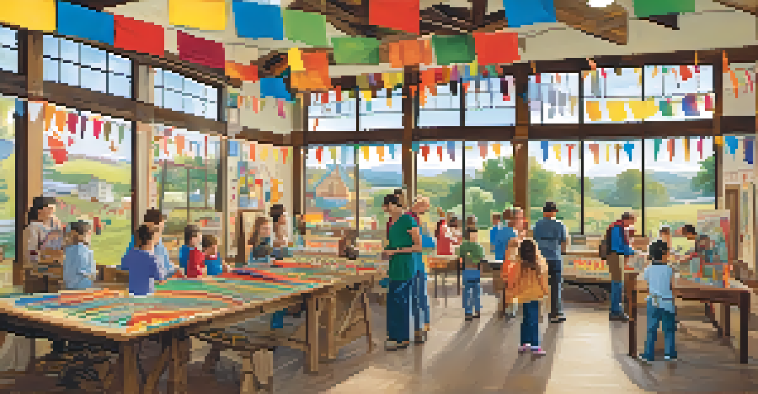 A community event at a Heritage Center with families engaged in hands-on activities, colorful decorations, and natural light.