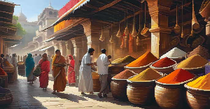 A busy spice bazaar in India, with colorful spices in sacks and vendors interacting with customers under sunlit canopies.