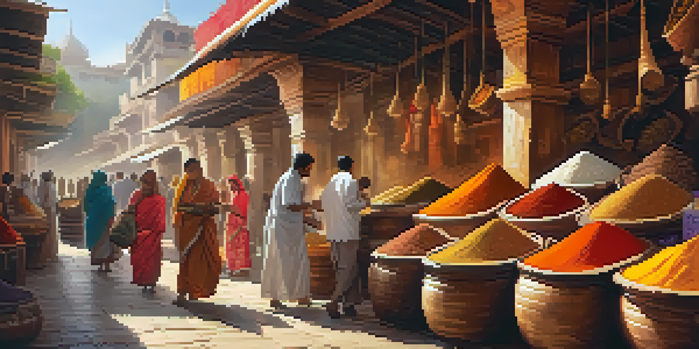 A busy spice bazaar in India, with colorful spices in sacks and vendors interacting with customers under sunlit canopies.