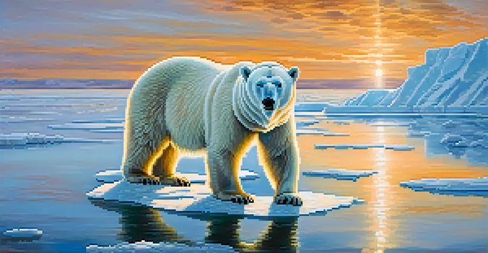 A polar bear on an ice floe during sunrise, showcasing the contrast between the blue ice and the warm tones of the morning light.