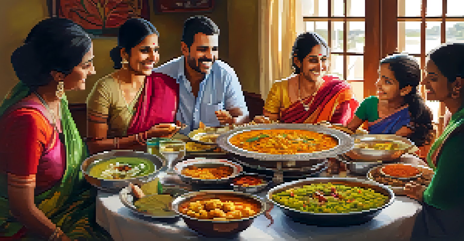 A family sharing a traditional Indian meal together, surrounded by colorful dishes and warm, inviting light.