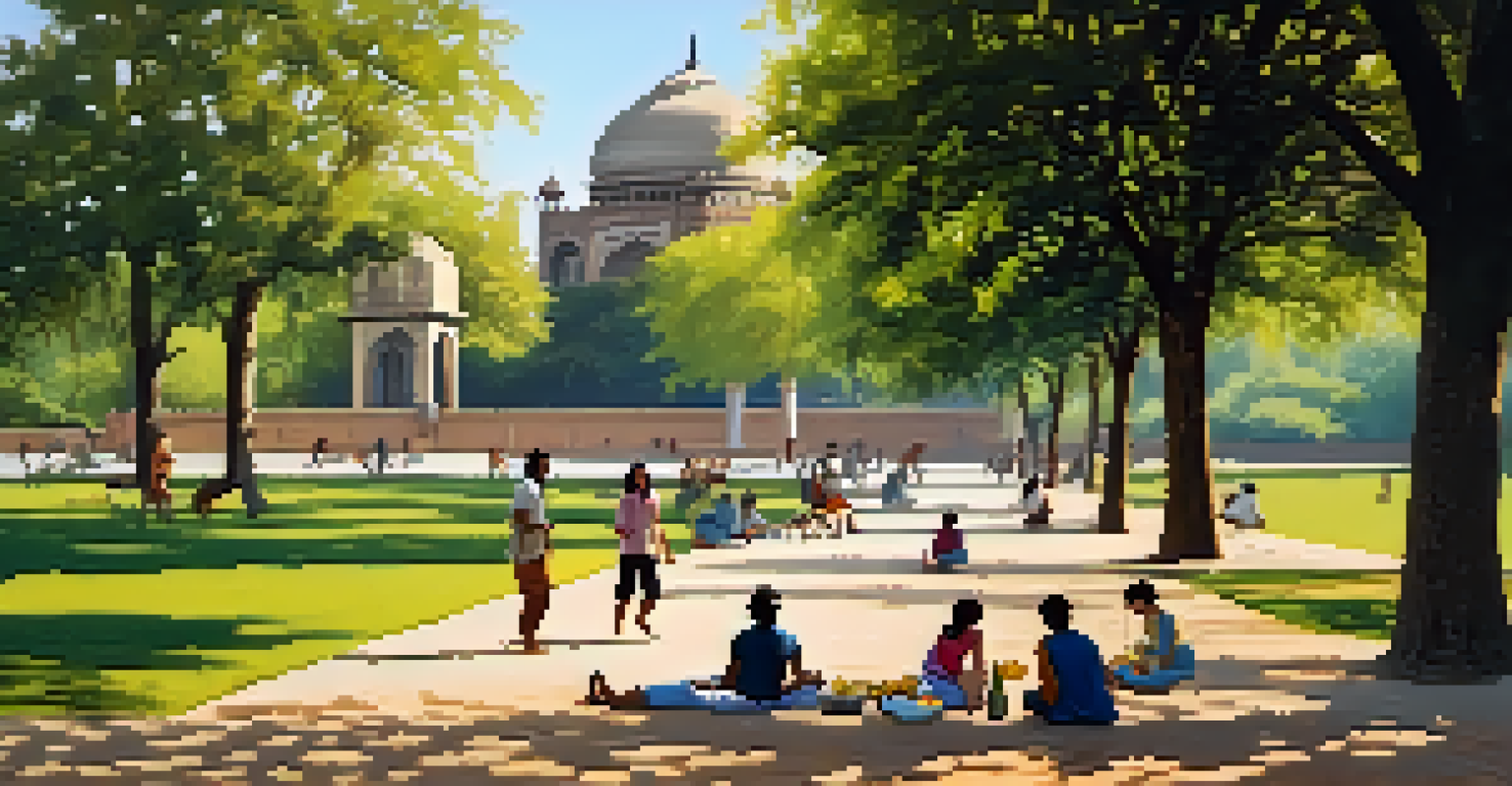 Families enjoying a sunny day in Lodhi Gardens surrounded by flowers and historical monuments.