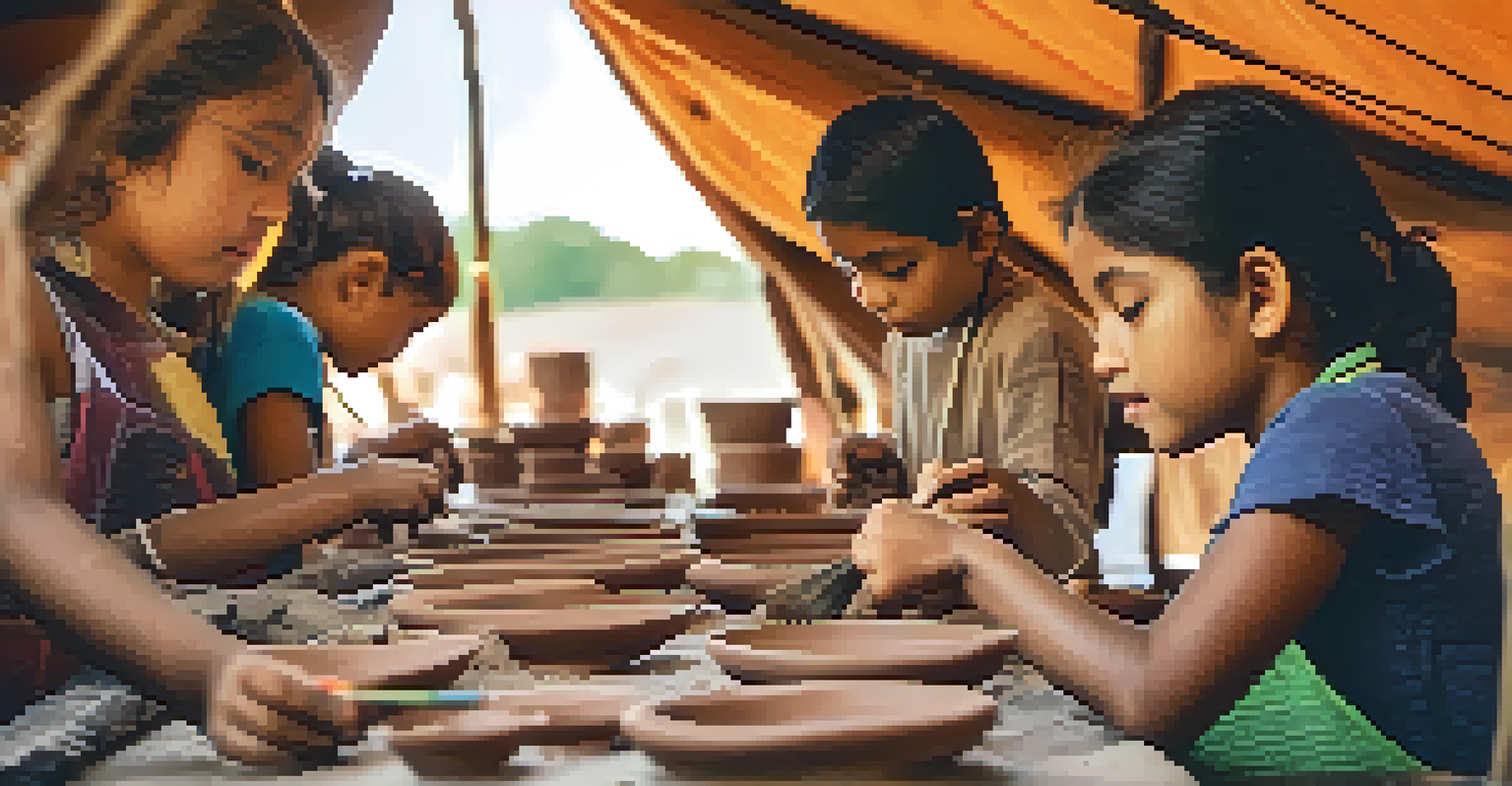 Children participating in a pottery workshop at a cultural heritage festival, guided by an artisan in a colorful tent.