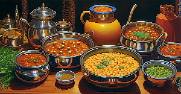 A colorful Indian kitchen with various vegetarian dishes being prepared, featuring spices and fresh vegetables in a warm setting.