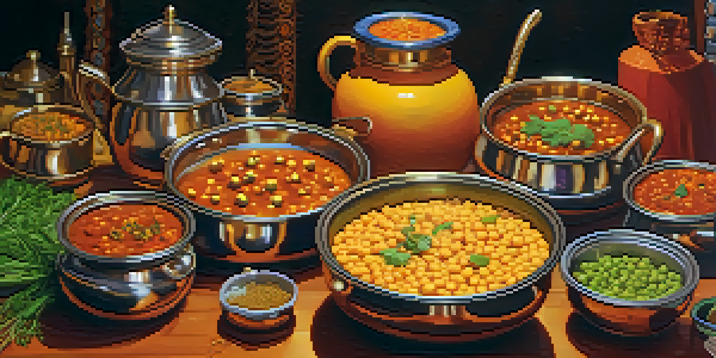 A colorful Indian kitchen with various vegetarian dishes being prepared, featuring spices and fresh vegetables in a warm setting.