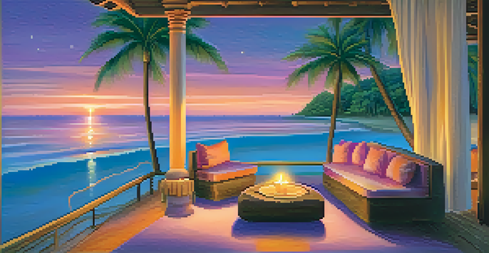 A peaceful beachside setting at sunset with golden sand and gentle waves, featuring a cozy seating area and colorful sky.