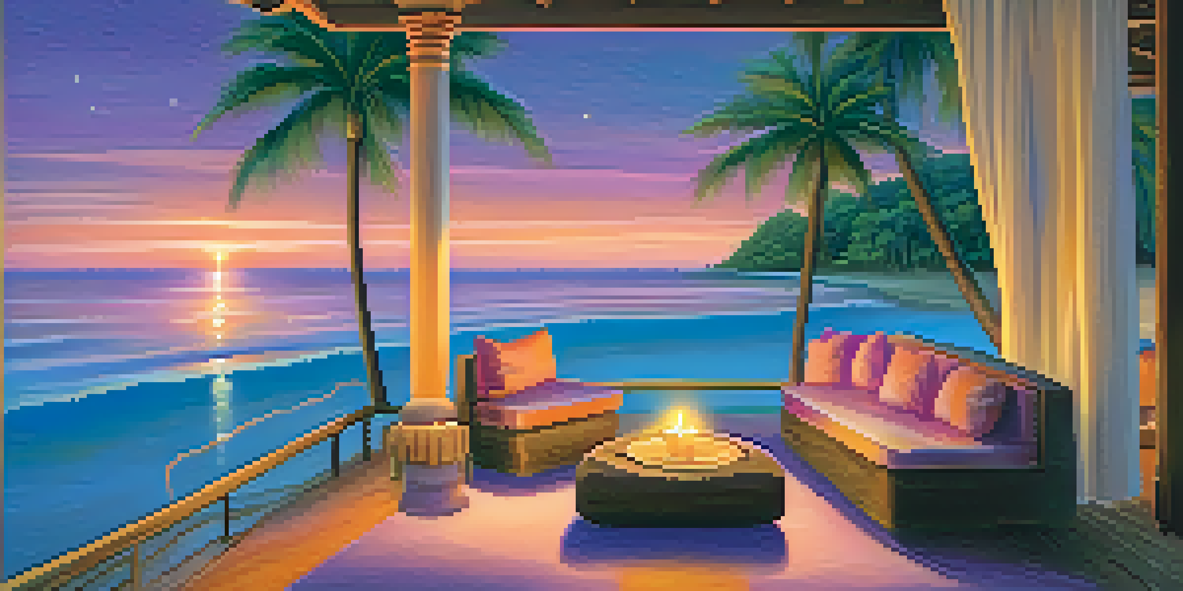 A peaceful beachside setting at sunset with golden sand and gentle waves, featuring a cozy seating area and colorful sky.