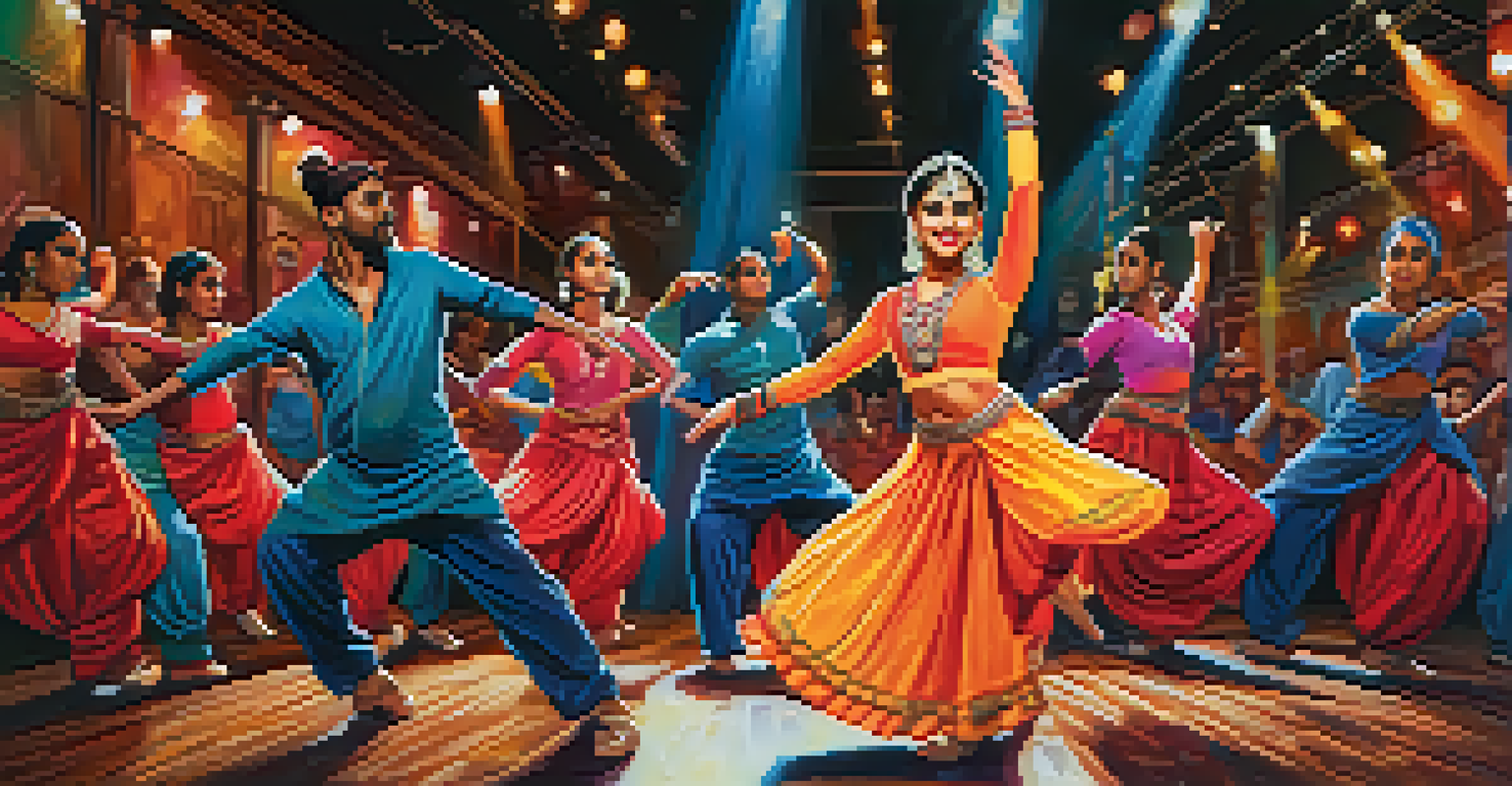 Dancers performing a fusion of Kathak and hip-hop on stage, with colorful lighting and a captivated audience.