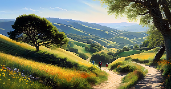 A picturesque scene showing pilgrims walking along the Camino de Santiago, surrounded by green hills and wildflowers, under a bright blue sky.