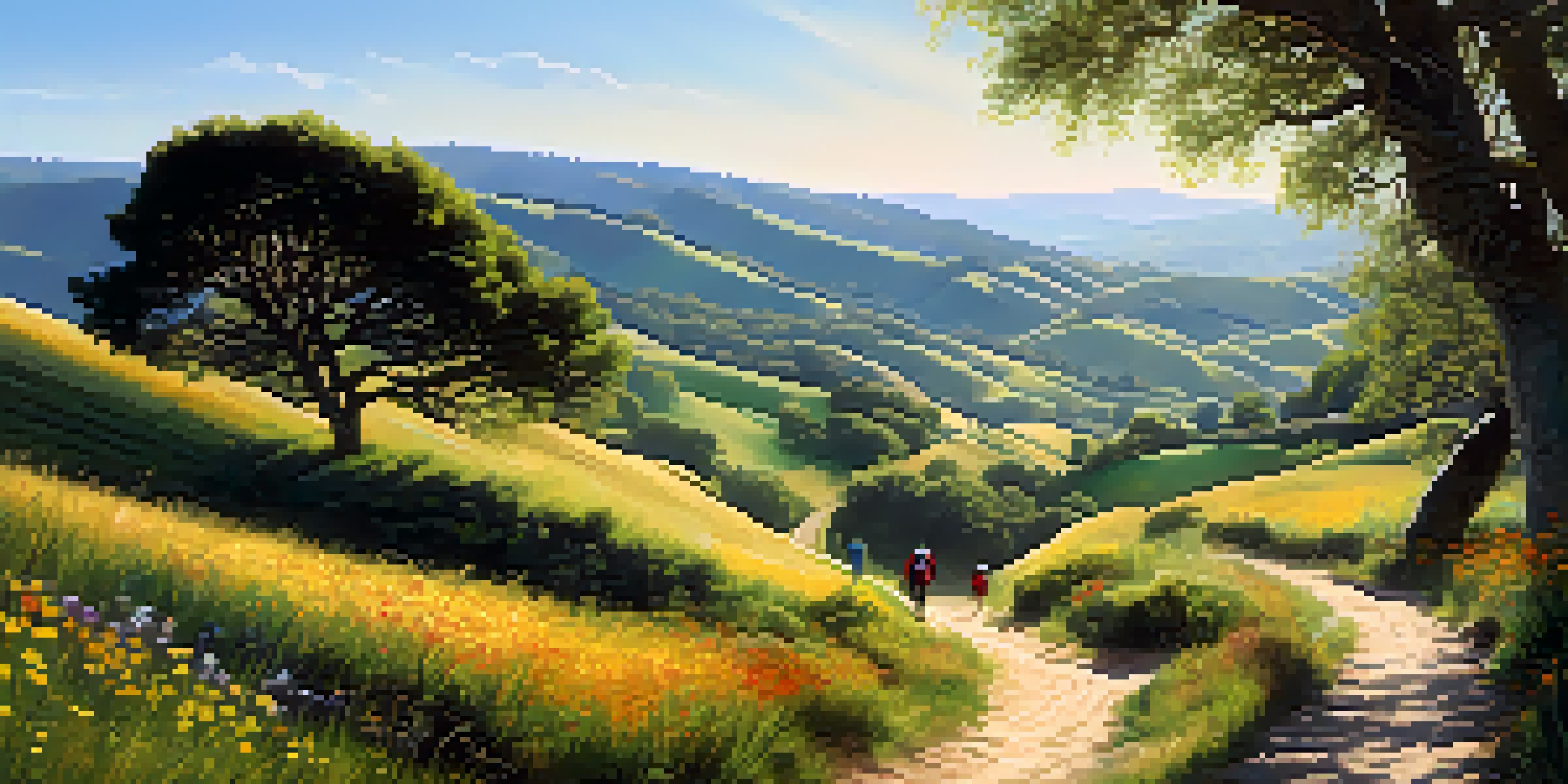 A picturesque scene showing pilgrims walking along the Camino de Santiago, surrounded by green hills and wildflowers, under a bright blue sky.