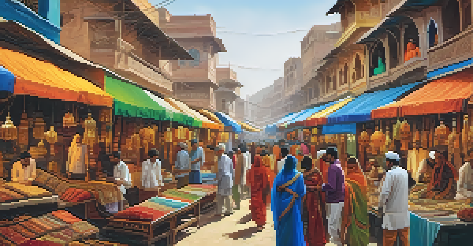 A vibrant market scene at Johari Bazaar, with colorful stalls and shoppers in traditional attire.