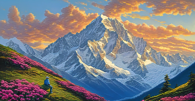 A stunning sunrise over the snow-capped peaks of the Himalayas with colorful rhododendrons in the foreground and a hiker admiring the view.