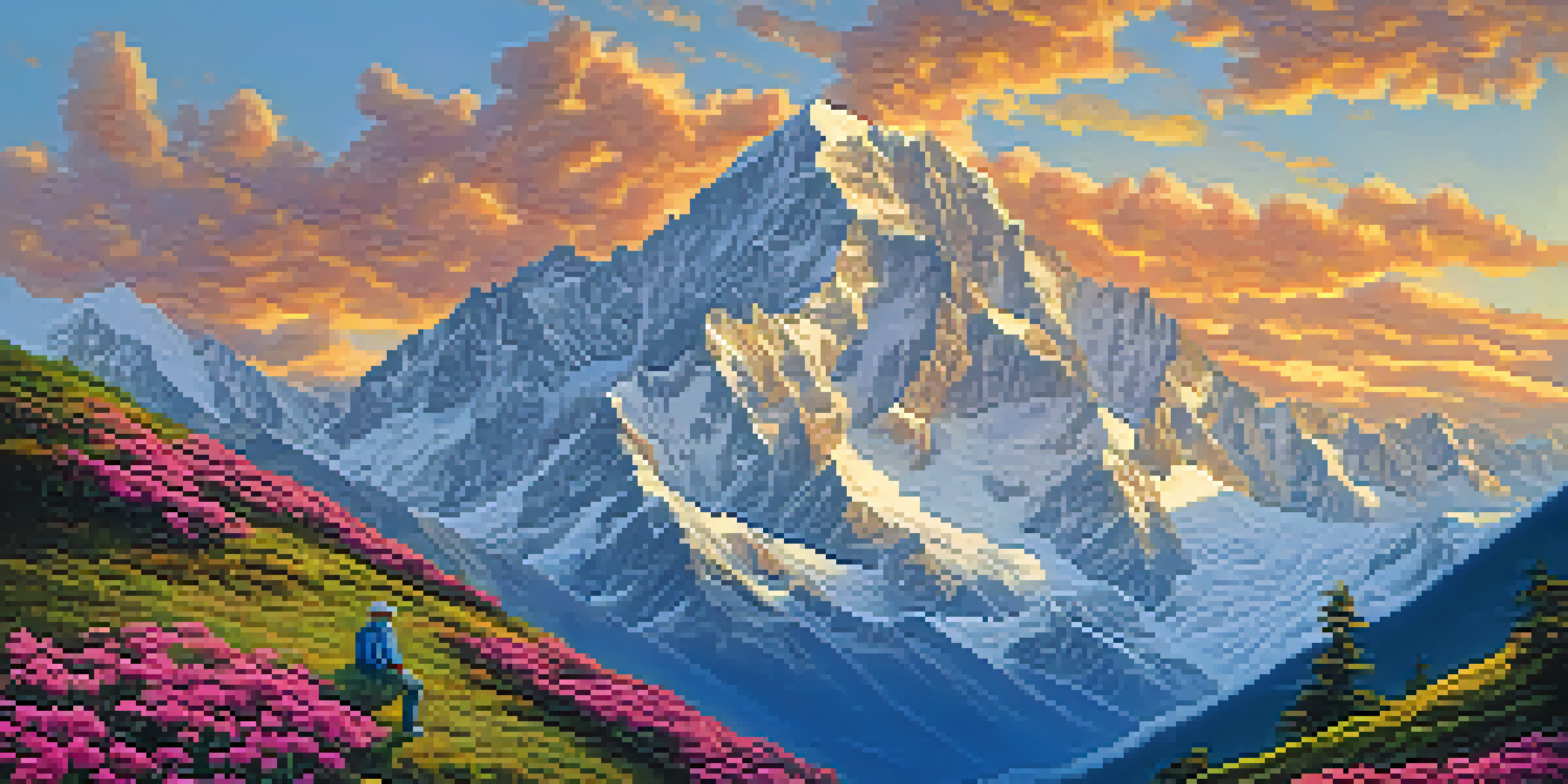 A stunning sunrise over the snow-capped peaks of the Himalayas with colorful rhododendrons in the foreground and a hiker admiring the view.