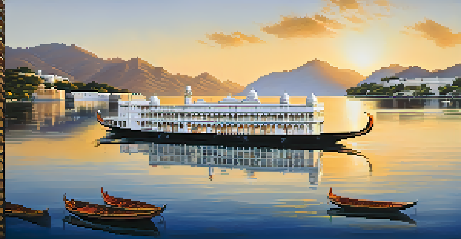 The Taj Lake Palace in Udaipur, reflecting on the waters of Lake Pichola during golden hour, surrounded by mountains.