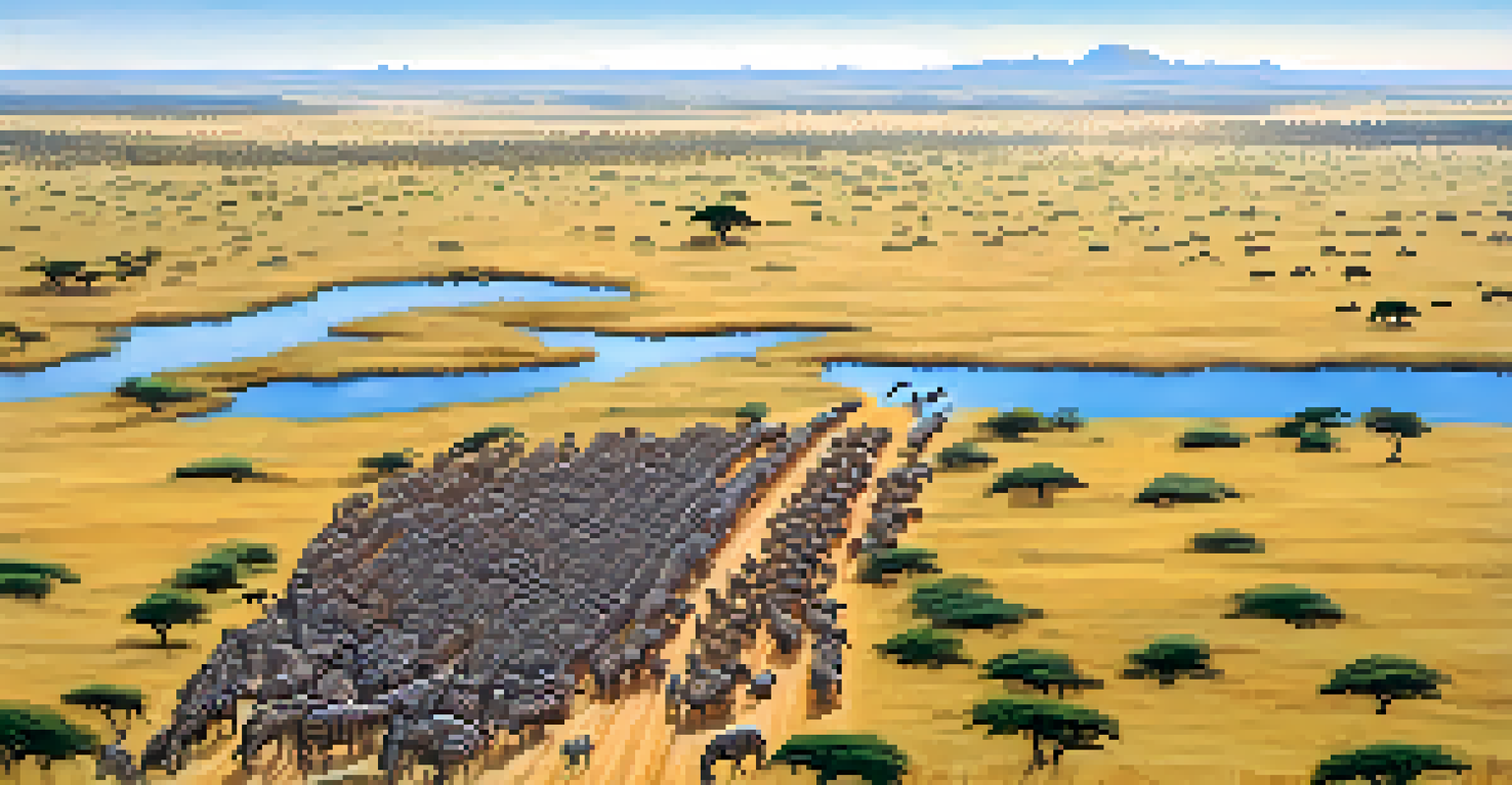 Aerial view of wildebeest and zebras migrating across the Maasai Mara with tourists in a safari vehicle.