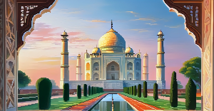 A sunrise view of the Taj Mahal surrounded by gardens and a reflecting pool, showcasing its intricate architecture and warm colors.