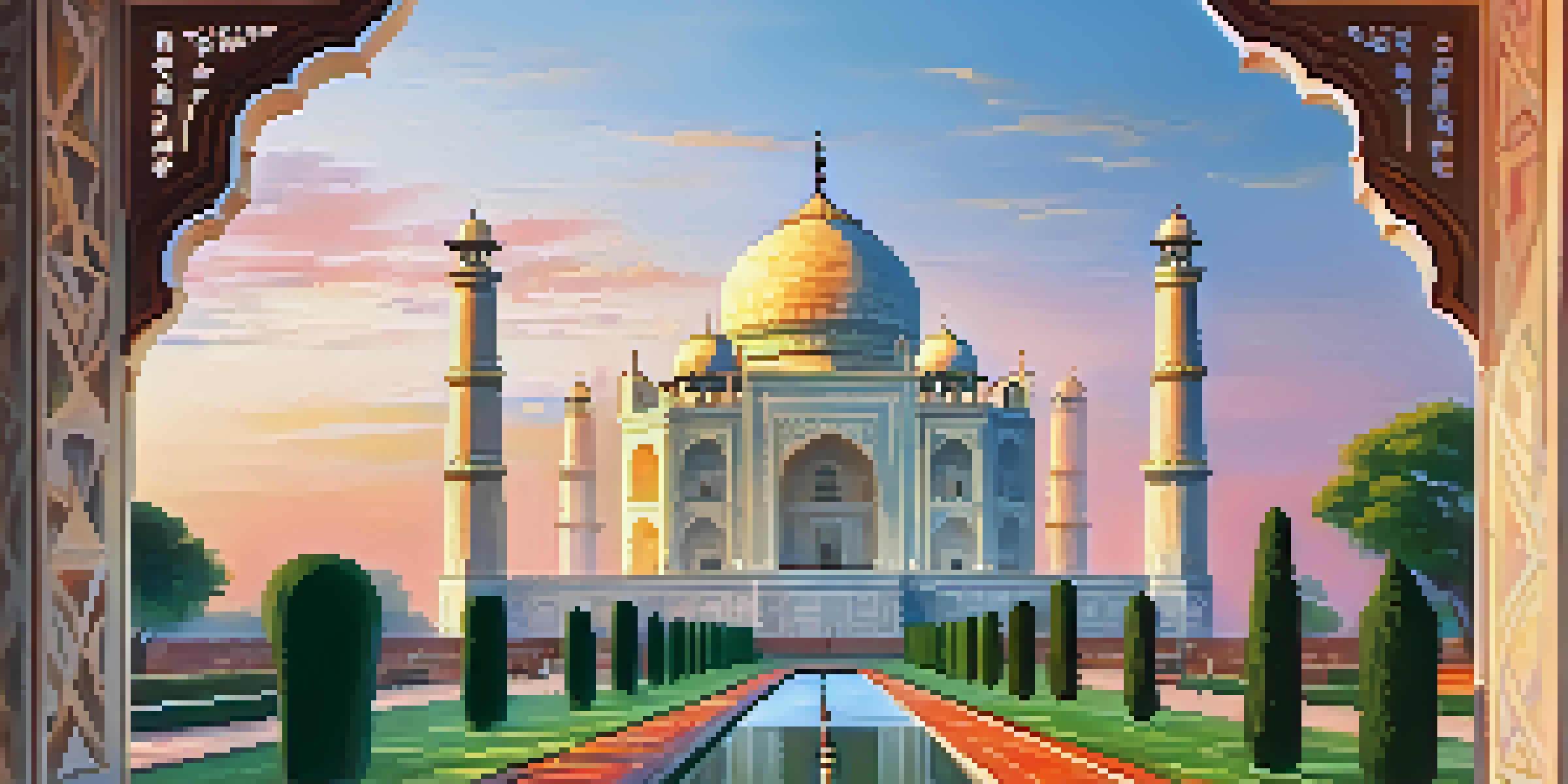 A sunrise view of the Taj Mahal surrounded by gardens and a reflecting pool, showcasing its intricate architecture and warm colors.