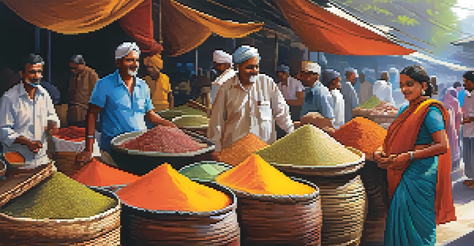 A busy spice market in Kerala, India, showcasing colorful spices and lively interactions among vendors and customers.