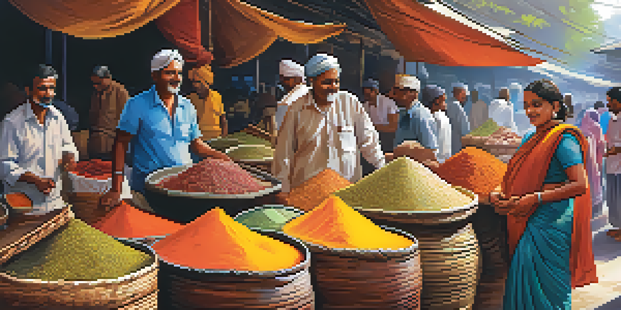 A busy spice market in Kerala, India, showcasing colorful spices and lively interactions among vendors and customers.