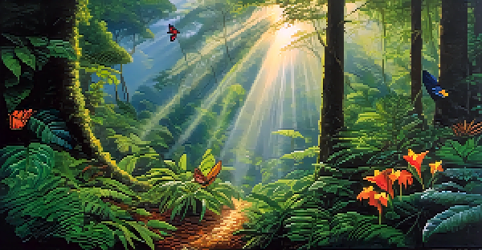 A dense rainforest in the Western Ghats, filled with colorful flowers and wildlife, with sunlight filtering through the trees.