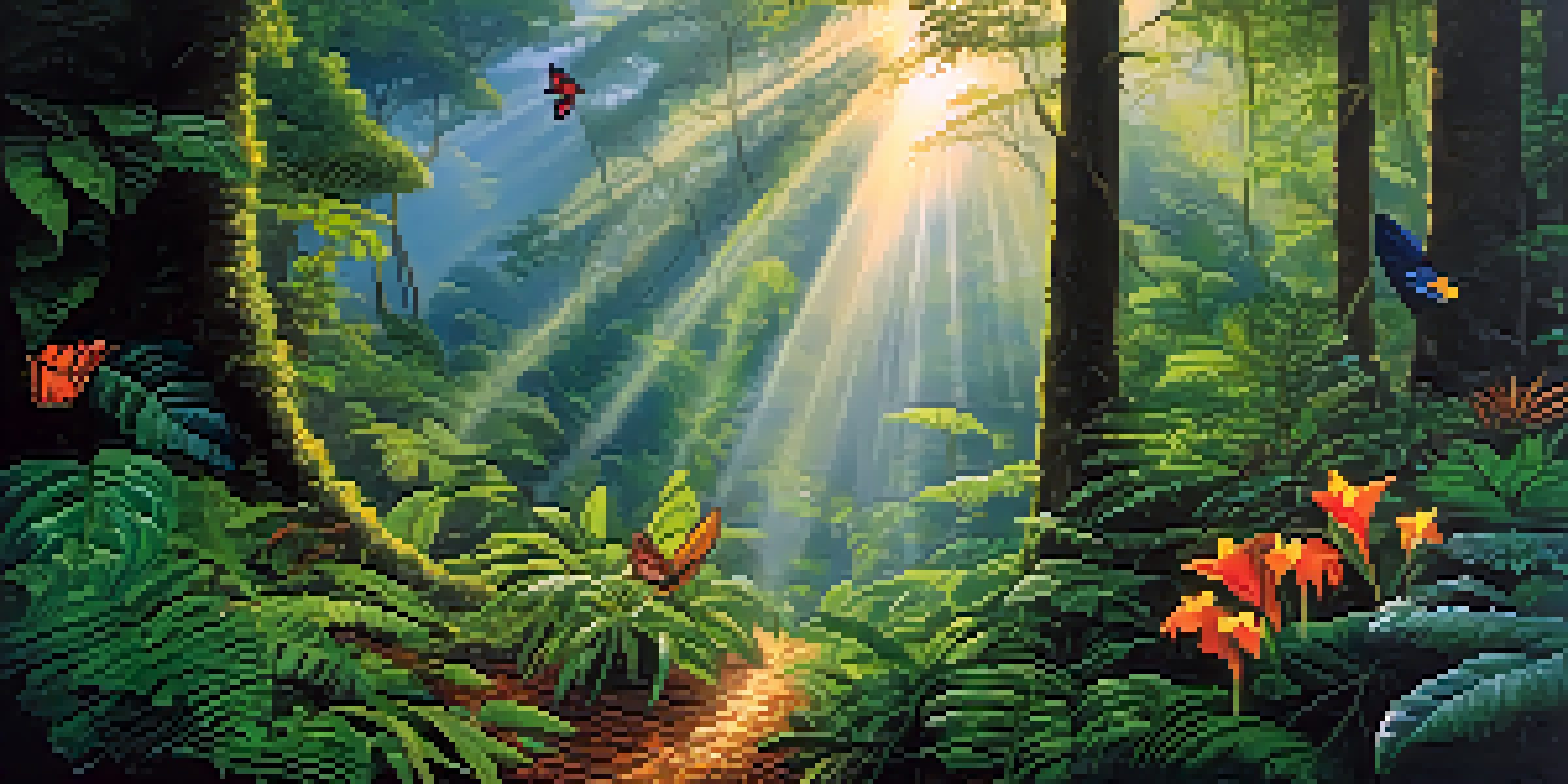 A dense rainforest in the Western Ghats, filled with colorful flowers and wildlife, with sunlight filtering through the trees.