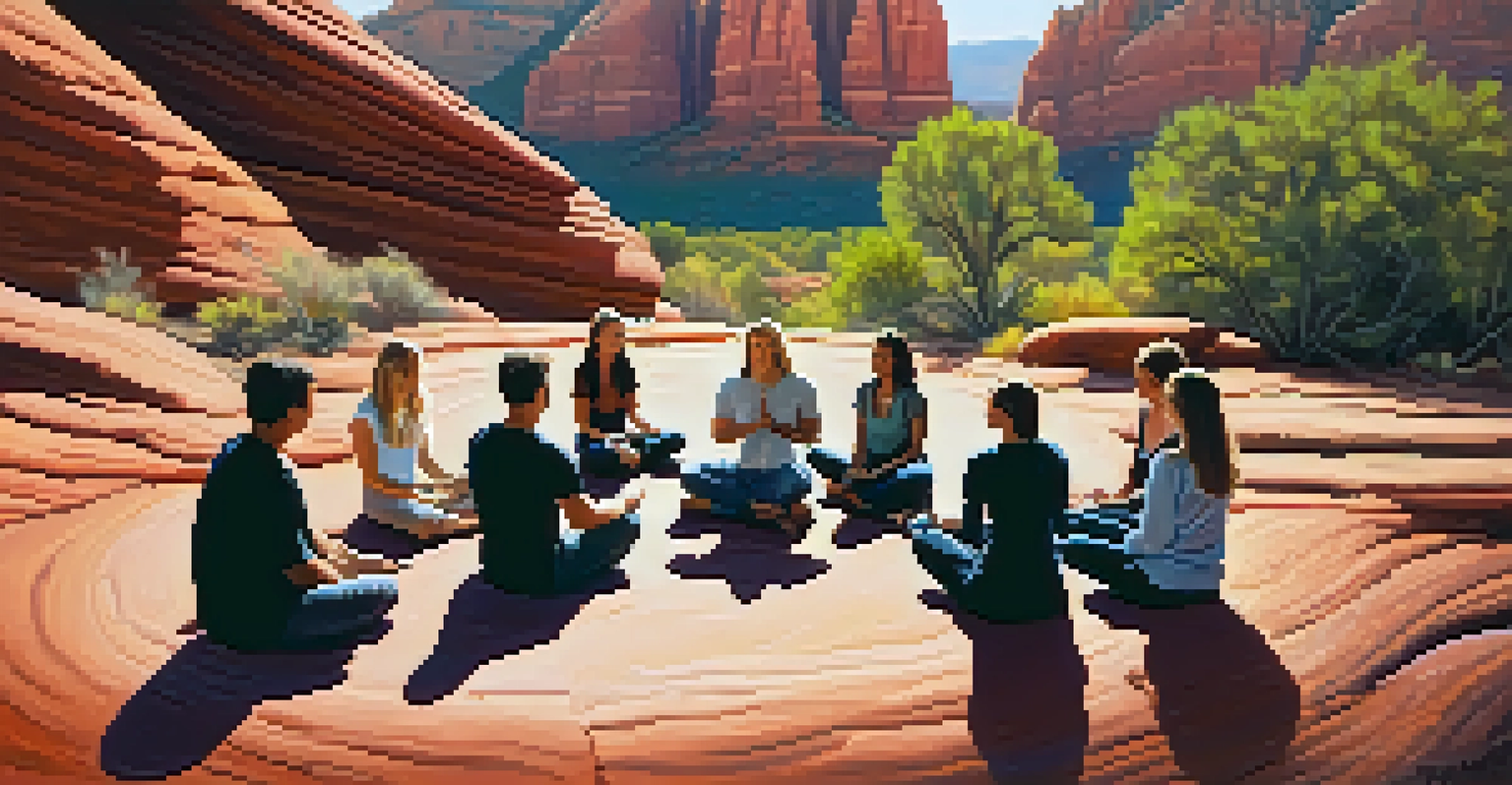 Meditation participants sitting in a circle amidst red rock formations, illuminated by warm sunlight.