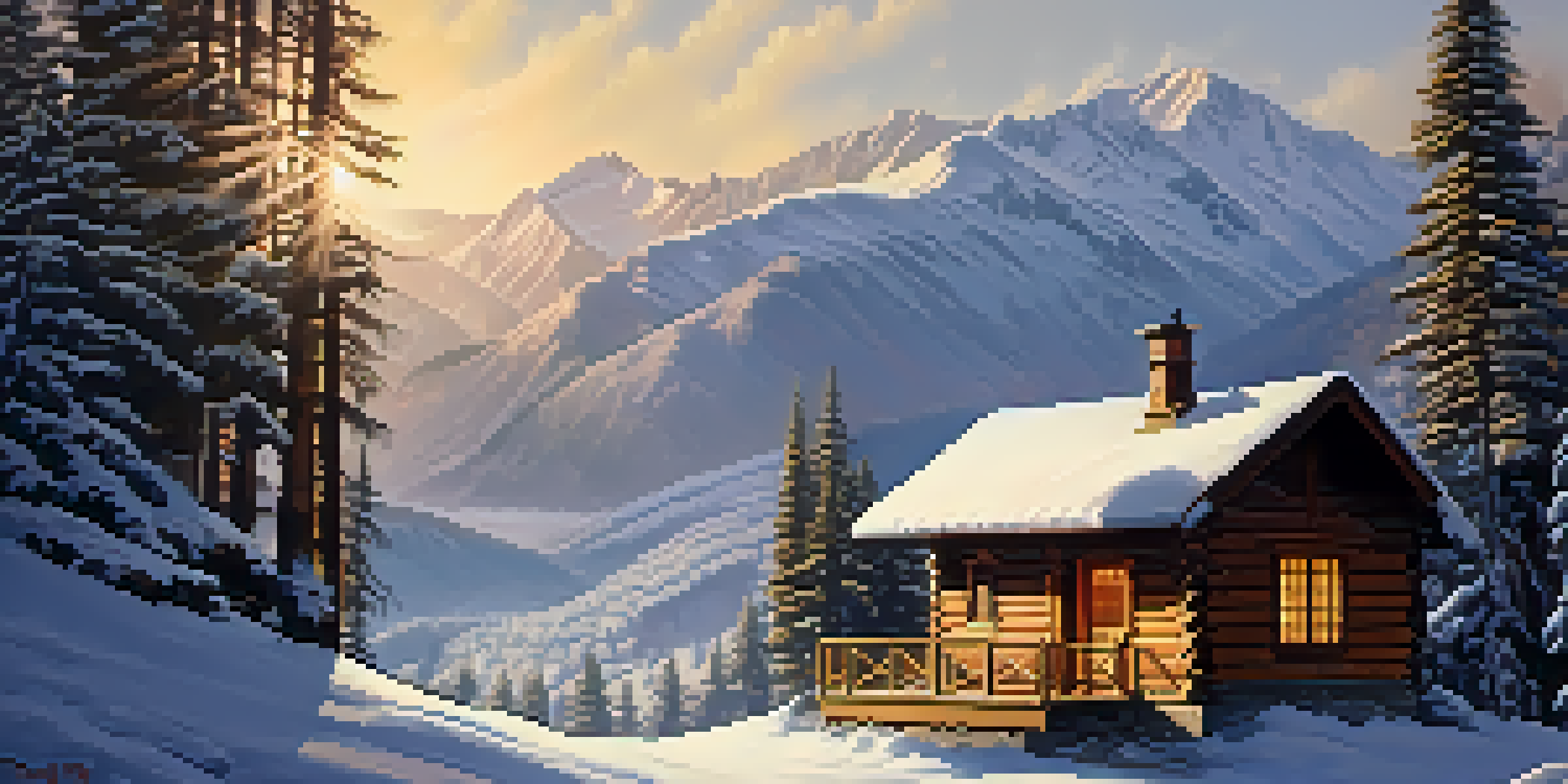 A winter landscape in Manali with snow-covered trees, mountains, and a cozy cabin.