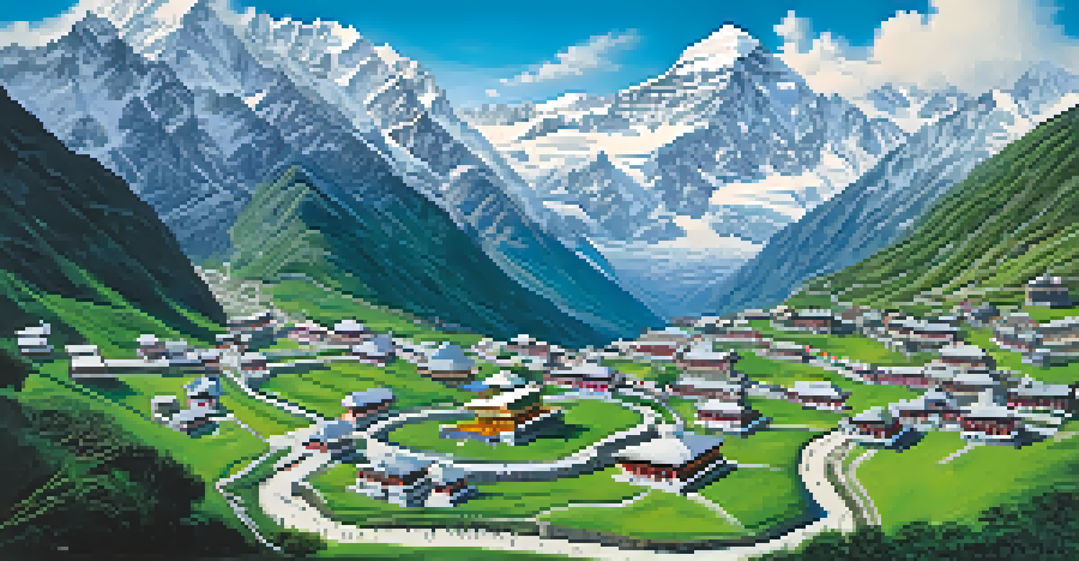 A bird's-eye view of the Kedarnath temple surrounded by the Himalayas, with pilgrims trekking the scenic paths.