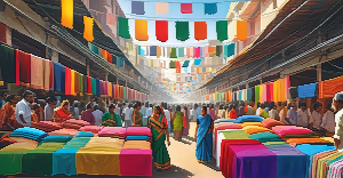 A vibrant textile market in Coimbatore with artisans showcasing colorful fabrics and textiles under warm sunlight.