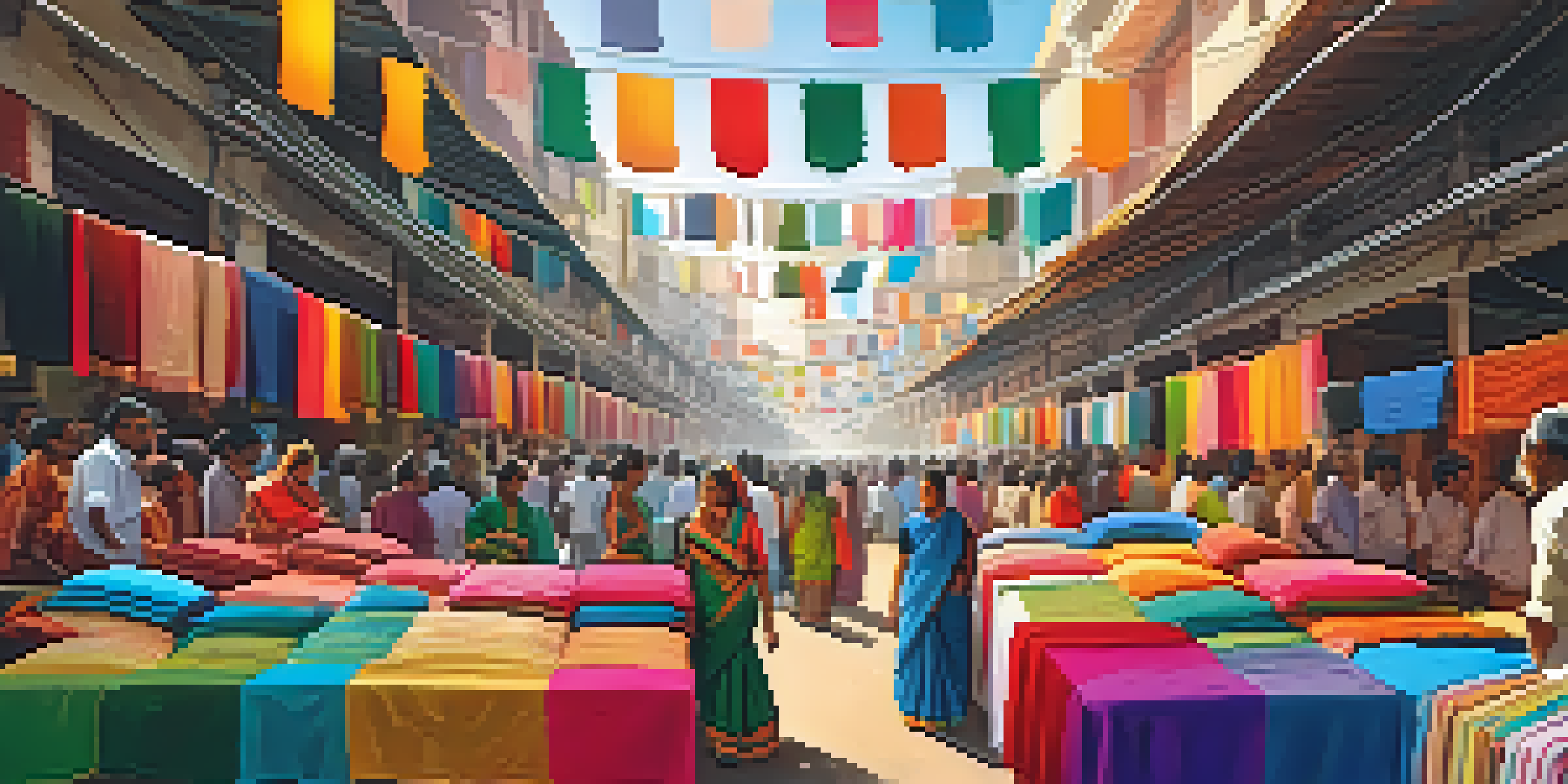 A vibrant textile market in Coimbatore with artisans showcasing colorful fabrics and textiles under warm sunlight.