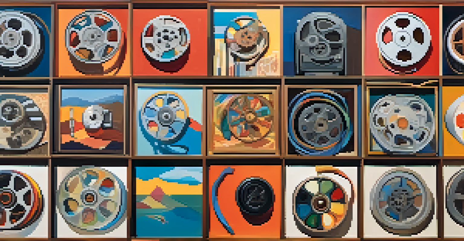 An artistic depiction of a film reel transforming into cultural symbols, set against a colorful collage of film stills representing diverse stories.