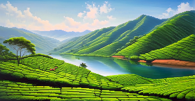 A picturesque view of Munnar's tea gardens with rolling hills and a serene lake under a blue sky.
