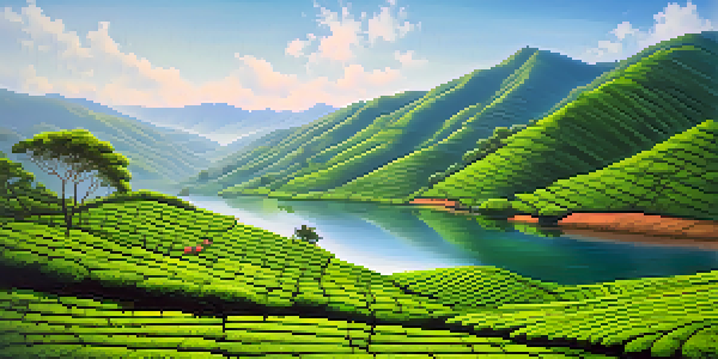 A picturesque view of Munnar's tea gardens with rolling hills and a serene lake under a blue sky.