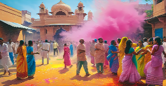 A colorful street celebration of Holi in Mathura with people throwing colored powders and dancing, surrounded by traditional Indian architecture.