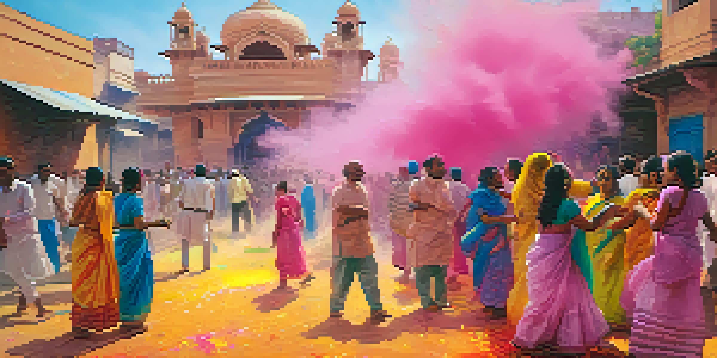 A colorful street celebration of Holi in Mathura with people throwing colored powders and dancing, surrounded by traditional Indian architecture.