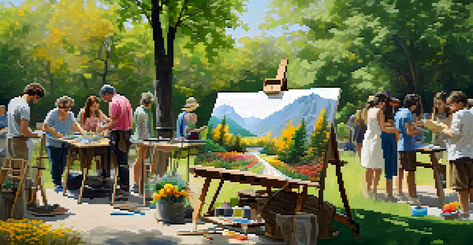 Participants engaged in an outdoor painting workshop surrounded by nature.