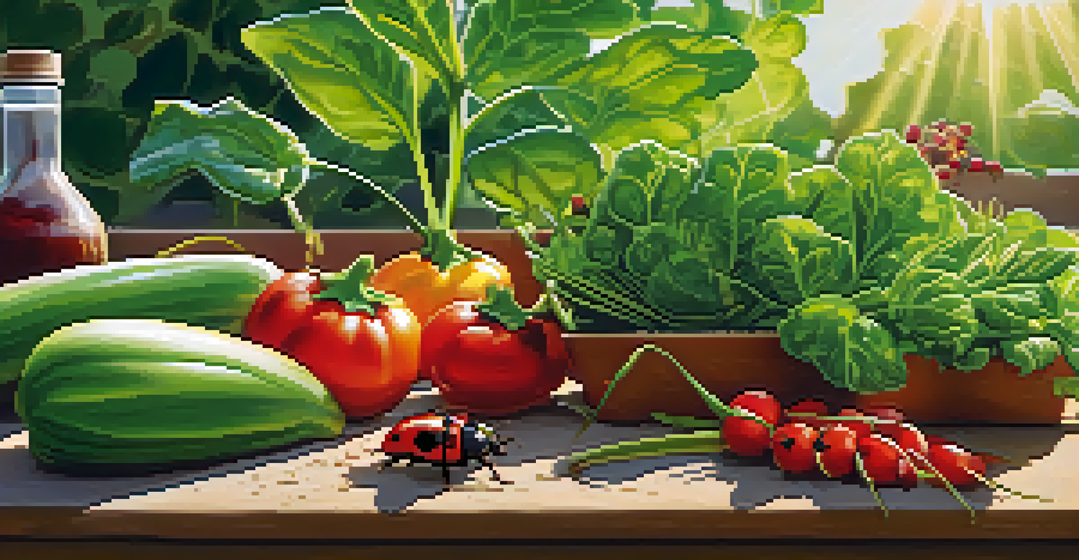 A close-up of colorful organic vegetables growing in healthy soil with ladybugs and a neem oil spray bottle.