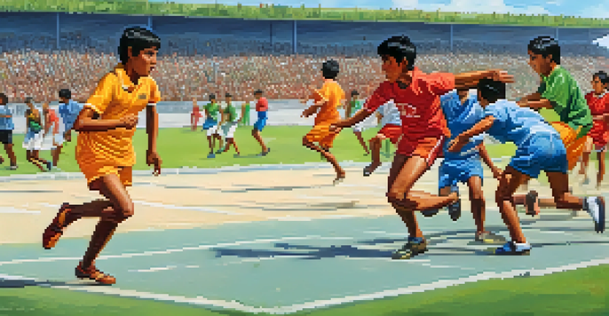A lively Kho Kho match with players in colorful uniforms running on a rectangular field, surrounded by cheering spectators under a bright sky.