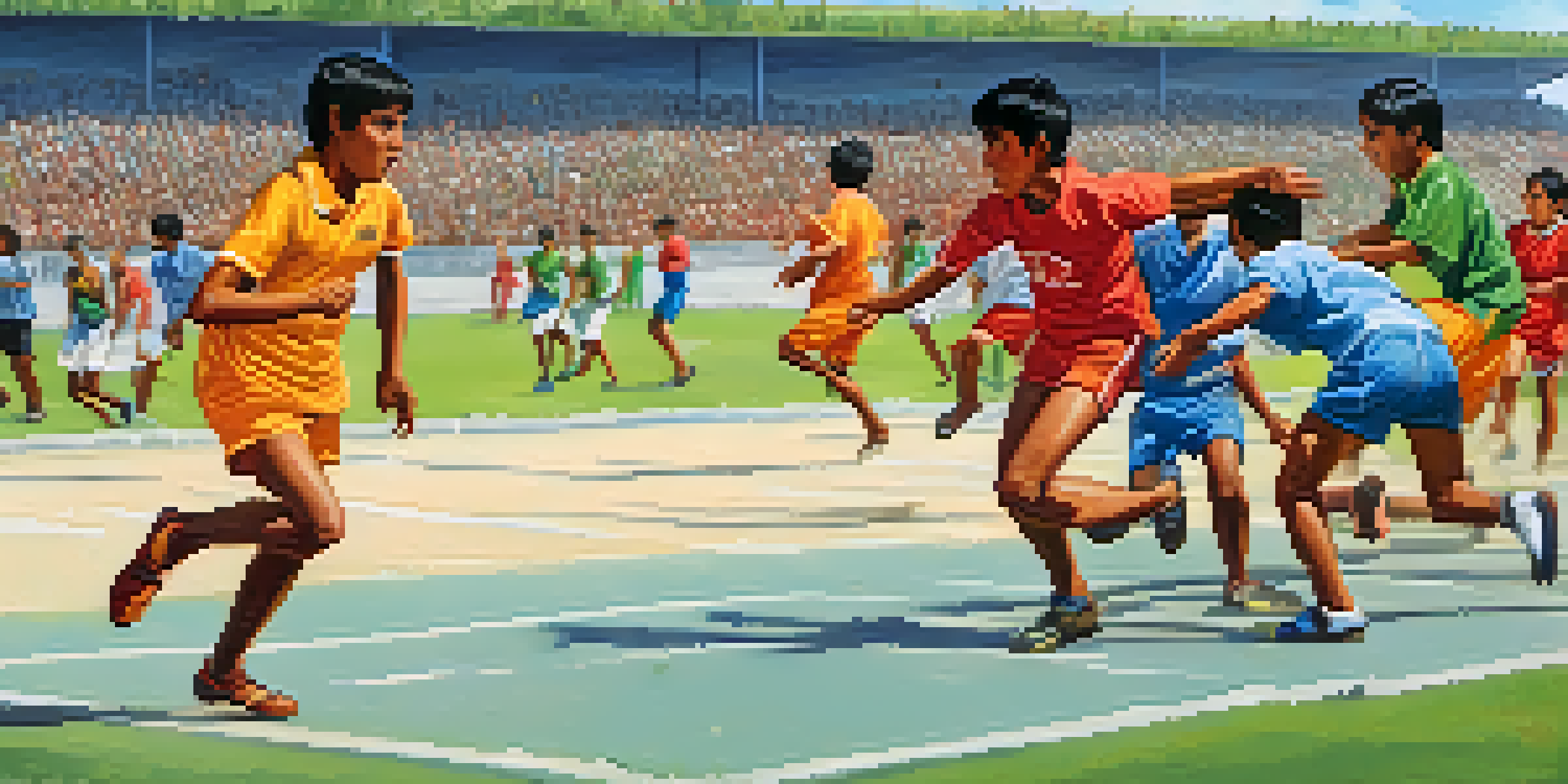 A lively Kho Kho match with players in colorful uniforms running on a rectangular field, surrounded by cheering spectators under a bright sky.