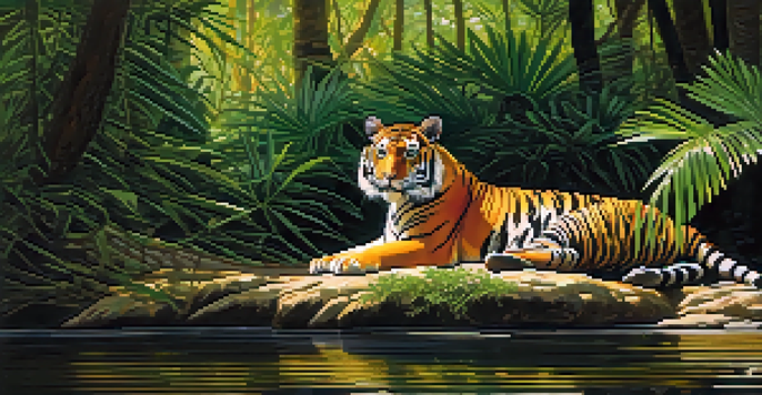 A Bengal tiger resting in a vibrant green forest with sunlight filtering through the trees, and a river in the background.