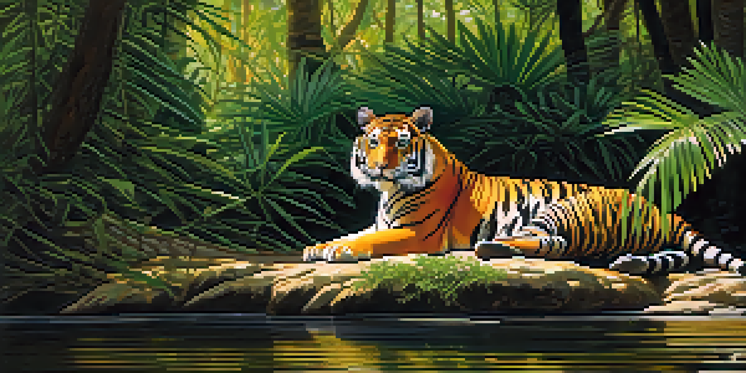 A Bengal tiger resting in a vibrant green forest with sunlight filtering through the trees, and a river in the background.