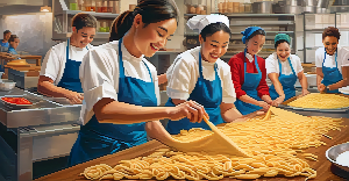 A local chef demonstrates hand-rolling pasta in a warmly lit culinary classroom, surrounded by colorful vegetables and eager students.